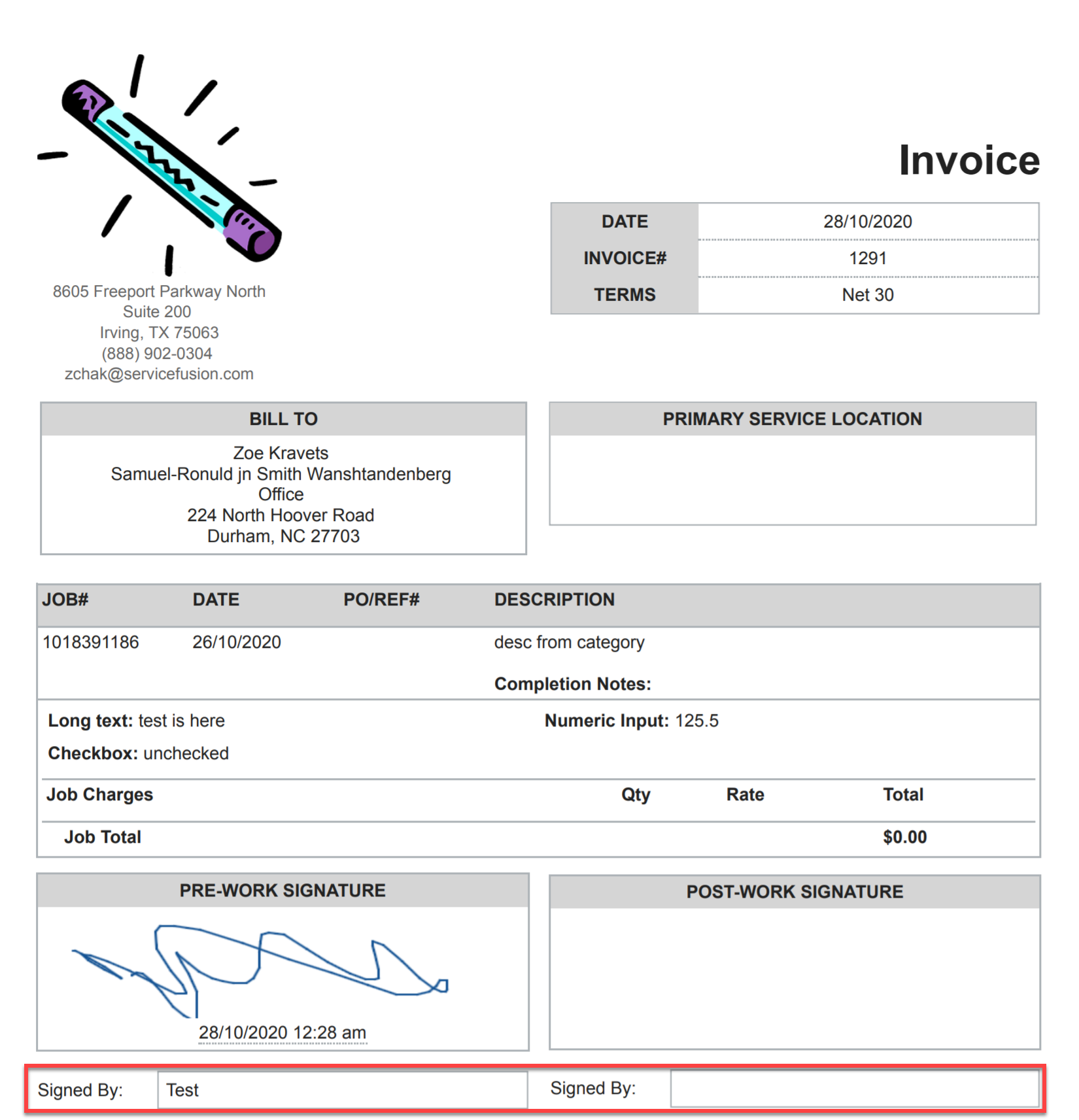 Include signer's name under signature boxes for estimates, jobs, and